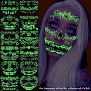 Glow-in-the-Dark Creepy Tattoo Stickers | Waterproof, Hand-Drawn Designs for Halloween or Spooky Parties | Long-Lasting and Unique.