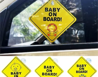 Baby on Board Car Sign, Cute Baby in Car Window Sign with Suction Cup, Yellow Safety Warning Sticker, New Mom Gift, Baby Shower Gift