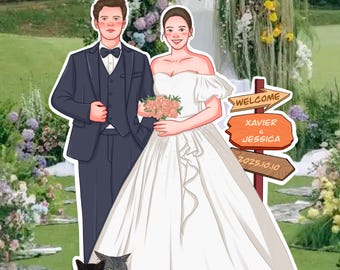 Personalized Couple Cartoon Illustration: Wedding Stickers & Engagement Decor (Digital File PNG/PSD)