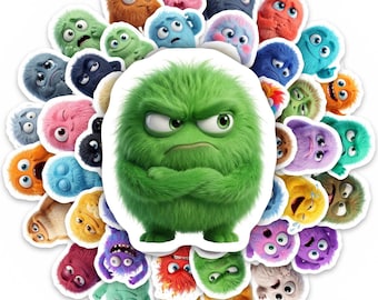 Paquete de 50 pegatinas de monstruos de peluche adorables, calcomanías de dibujos animados con expresiones kawaii, pegatinas decorativas impermeables de PP para diarios y álbumes de recortes.