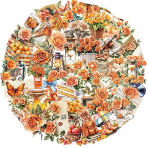 Może przedstawiać: Kolaż ilustracji w stylu vintage w odcieniach pomarańczu i brązu. Obraz przedstawia róże, motyle, ciasto, zegar, skrzypce i inne elementy dekoracyjne. Ogólnym tematem jest romantyczna, jesienna estetyka.