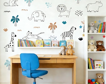 Line Art Jungle Animal Wall Decals, Nursery Kids Room Decor