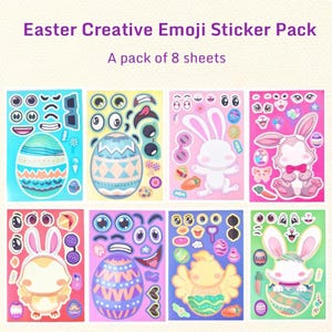 1 set di 8 fogli di adesivi emoji creativi pasquali, riempitivi per cestini per bambini, adesivi divertenti a forma di uova di Pasqua e coniglietti, decorazioni regalo, articoli per bomboniere