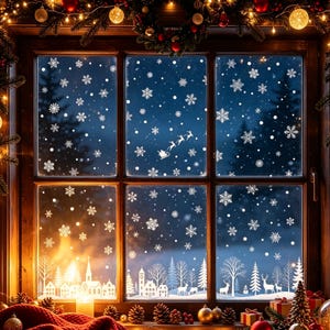 May include: A window pane decorated with white snowflake decals and a silhouette of a sleigh with reindeer flying across the centre. The bottom section features a white winter village scene with trees, houses, and deer against a dark blue background.