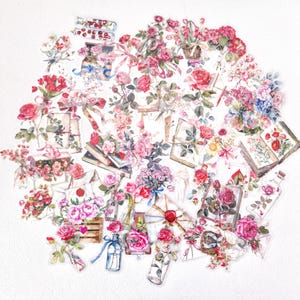 50 transparante, aquarel handgeschilderde vintage Franse romantische bloemenletterstickers, voor het decoreren van planners, telefoons, laptops en koffers.