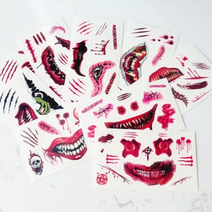 Eerie, horror temporary tattoos–dark hand-drawn style.Waterproof&durable. Perfect for Halloween/horror parties. Various thrilling designs.