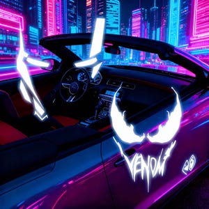 May include: A convertible car with a neon city backdrop. The car is primarily purple and blue, with white glowing accents. The word "Venom" is displayed on the side of the car in a stylized font.