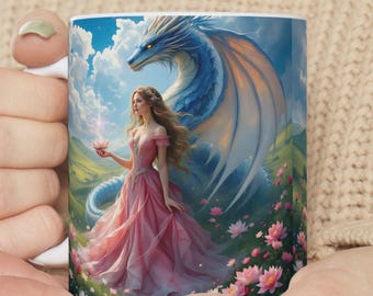 Fantasy Dragon and Fairy Ceramic Mug | Enchanted Coffee Cup | Magical Gift for Dreamers | Fantasy Art Mug