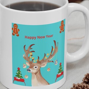 Deer Mug - Happy Christmas, Holiday Gift, Wildlife Cup, Festive Coffee Mug, Reindeer Drinkware, Animal Lover Present