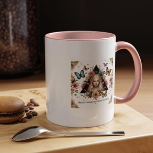 Mug, Beautiful Girl Surrounded by Flowers and Butterflies, Floral Coffee Cup, Gift for Her, Tea Mug, Unique Design Mug, Nature Lover Mug,