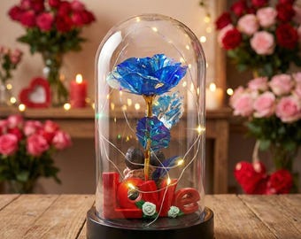 Sparkling Galaxy Blue and red and gold "Infinity Rose" Glass Dome – Romantic Gift with LED Lights