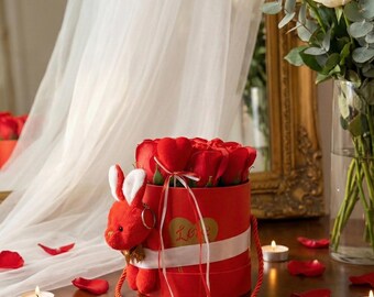 Red rose box covered in velvet fabric