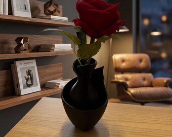Abstract Black Vase with Artificial Red Rose Set, Modern Sculptural Flower Pot, Minimalist Home Decor, Valentines Gift for Her, Office Desk