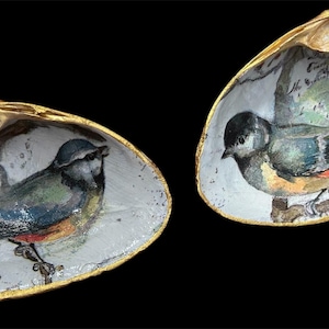 Decoupaged Clam Shell with Lovely Bird Motif; Handmade Trinket Dish