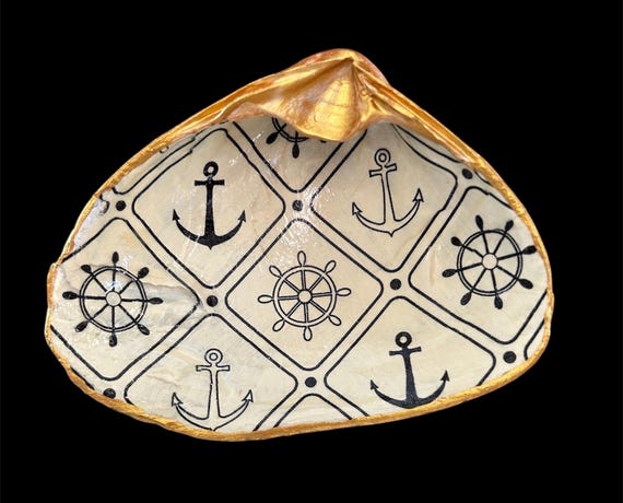 CLEARANCE: Anchor/Ship Wheel; Large Clam Shell Ring/Jewlery Dish; Decoupaged clam shell, Trinket dish; Beach Souvenir; Gilded Seashell