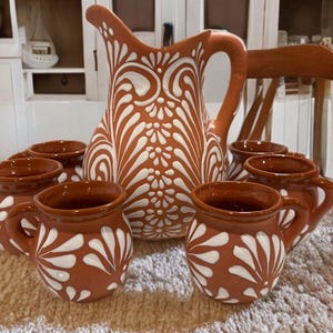 Mexican Talavera Pottery Pitcher and Mugs Set, Terracotta Barro Clay Tableware
