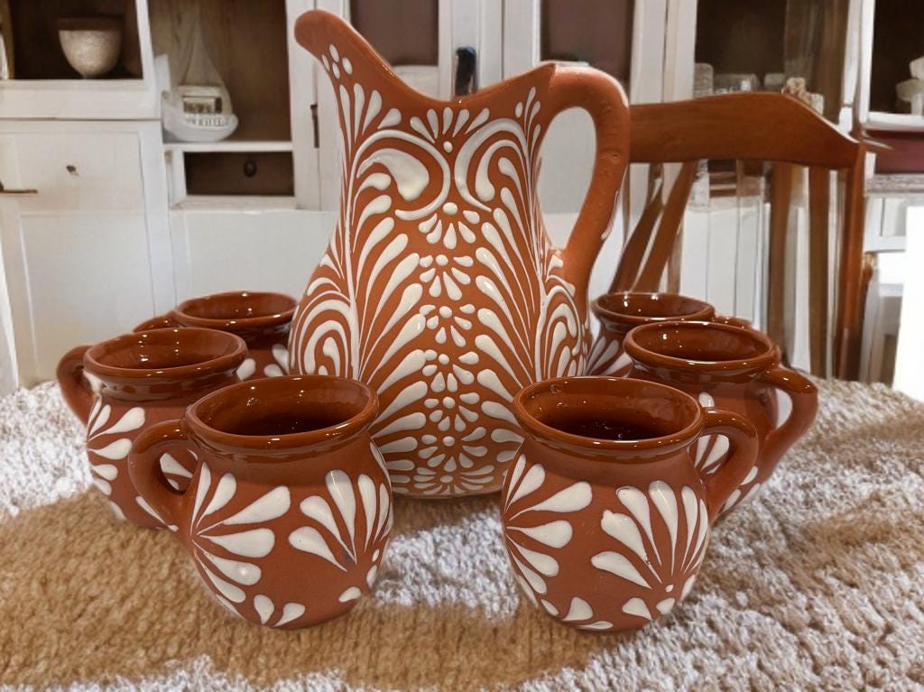 Mexican Talavera Pottery Pitcher and Mugs Set, Terracotta Barro