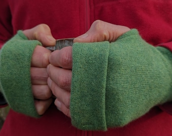 LARGE Cashmere Fingerless Gloves.  Various shades of Green.  100% pure upcycled cashmere.