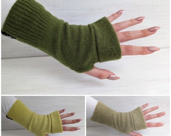 100% Pure Cashmere Fingerless gloves- Greens. Women's hand size. Recycled cashmere.