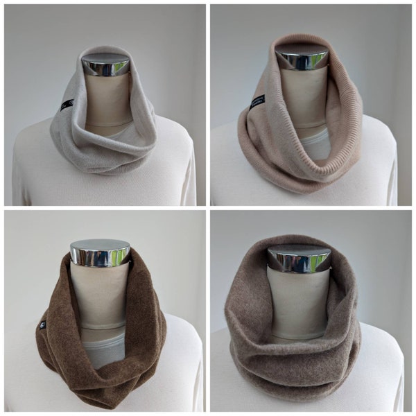 100% pure recycled cashmere neckwarmers, single colour, various shades of neutral.
