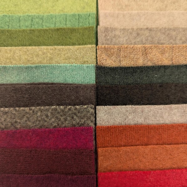 25 pure cashmere 4 inch  squares felted and part felted textures. Up-cycled from cashmere jumpers.  'Autumn Forest' colours.