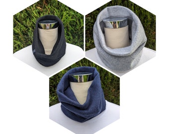 100% pure recycled Cashmere Neckwarmers- SMALL FIT - black, grey and blue. Lightweight.