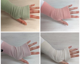 100% Pure Cashmere Fingerless gloves- various pastels. Women's hand size. Recycled cashmere.