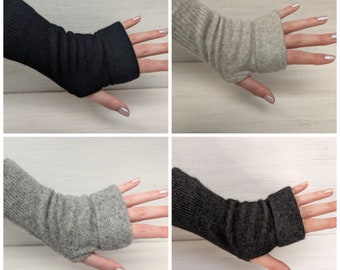 100% Pure Cashmere Fingerless gloves- black and grey. Women's hand size. Recycled cashmere.
