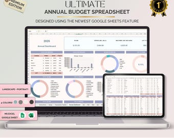 Annual Budget Spreadsheet | Yearly Income & Expense Tracker | Personal Finance Planner for Google Sheets