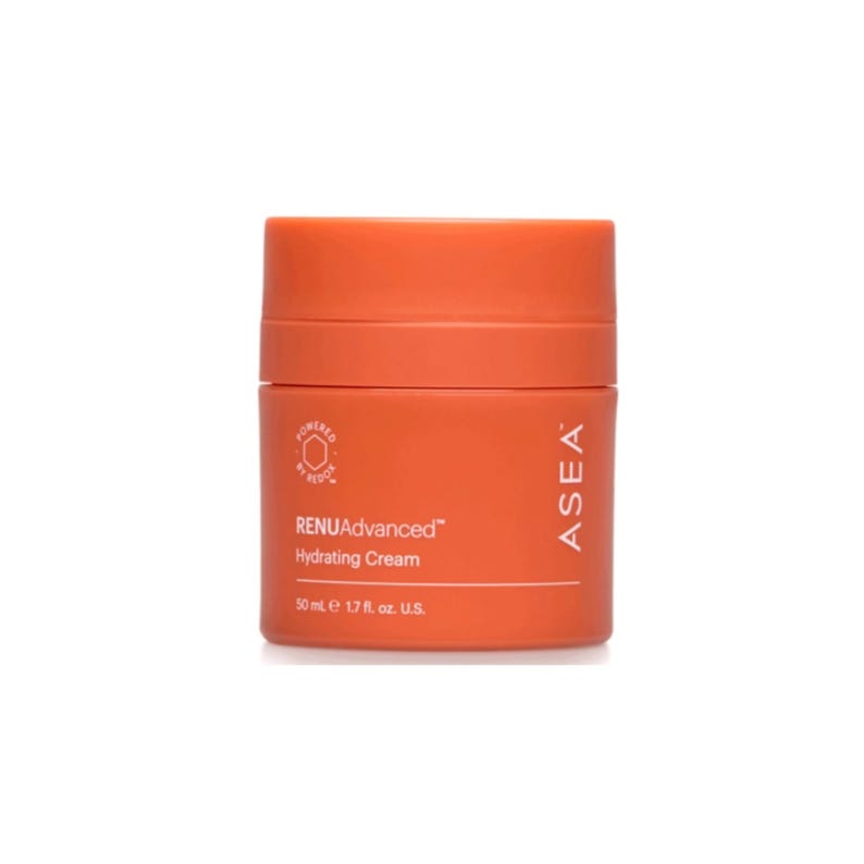 May include: An orange jar of RENUAdvanced Hydrating Cream. The jar has a screw-on lid and the text "POWERED BY REDOX" and "ASEA" are printed on the jar. The jar contains 1.7 fl. oz. U.S. of cream.