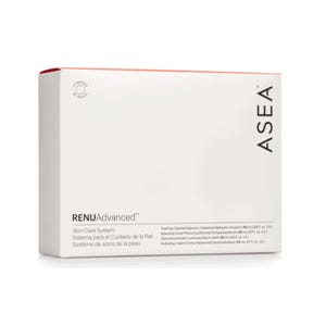 May include: A white rectangular box with the text "RENUAdvanced Skin Care System" in black. The box also includes text in Spanish and French. The brand name "ASEA" is printed vertically on the right side of the box. The top edge is red.
