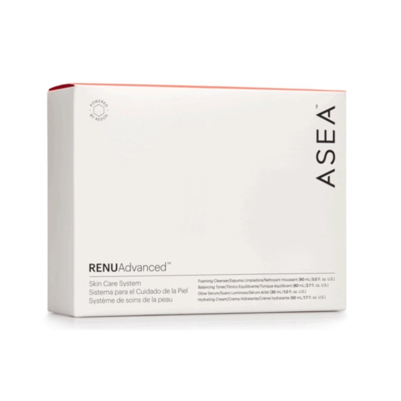 May include: A white rectangular box with the text "RENUAdvanced Skin Care System" in black. The box also includes text in Spanish and French. The brand name "ASEA" is printed vertically on the right side of the box. The top edge is red.