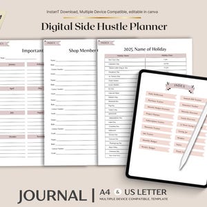Könnte beinhalten: Digitaler Side-Hustle-Planer mit Indexseiten, Shop-Mitgliederformularen und einer Feiertagsliste 2025. Der Planer wird auf einem Tablet mit Stift angezeigt und enthält ein Premium-Edition-Tag. Der Text "JOURNAL | A4 & US LETTER" ist ebenfalls sichtbar.