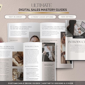 May include: An open ebook with the title "Ultimate Digital Sales Mastery Guides" is displayed. The pages show content about digital sales strategies, including "Building an Effective Nurture Sequence" and "Engaging Audiences with Question Boxes". The cover reads "Chapter 1 Introduction".