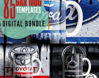 デジタルテンプレート、車をテーマにしたマグカップラップバンドル、車のマグカップテンプレート、15オンス昇華マグカップ用の高品質デザイン85点 | デジタルダウンロードPNG