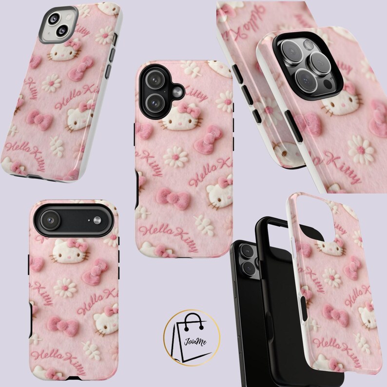 May include: Pink phone cases featuring Hello Kitty designs. The cases display Hello Kitty's face, bows, and floral accents. The words "Hello Kitty" and "Kitty" are also visible on the cases. The cases are shown from multiple angles.