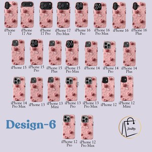 May include: Pink iPhone cases with a repeating pattern of a cartoon cat and a 3D texture. The cases are available for various iPhone models, including iPhone 17, 16, 15, 14, 13, and 12. The text "Design-6" is visible.