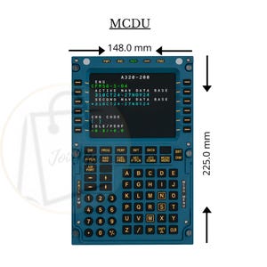 May include: A detailed image of an MCDU (Multipurpose Control and Display Unit) for an A320-200 aircraft. The unit is 148.0 mm wide and 225.0 mm tall. It features a display screen with data and a keypad with alphanumeric keys and function buttons. The text "MCDU" is at the top.