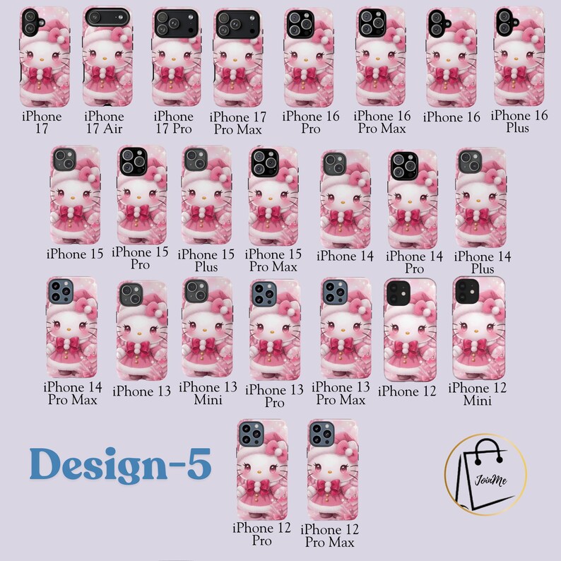 May include: Pink iPhone cases featuring a cartoon cat design with a pink bow and dress. The cases are available for various iPhone models, including iPhone 17, 16, 15, 14, and 13, as well as iPhone 12.