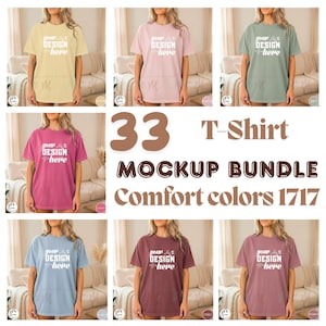Puede incluir: Un paquete de maquetas de 33 camisetas en varios colores confort. Cada camiseta es de un color diferente, incluyendo amarillo, rosa, verde, rojo, azul y burdeos. El texto "your design here" está impreso en cada camiseta. El texto "33 T-Shirt MOCKUP BUNDLE Comfort colors 1717" también es visible.