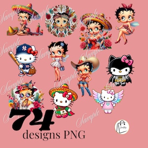 Puede incluir: Una colección de 74 diseños PNG con personajes de dibujos animados en varios estilos. Los diseños incluyen a Betty Boop y Hello Kitty, vestidas con atuendos mexicanos, alas de ángel y uniformes de béisbol. Los diseños están sobre un fondo rosa.