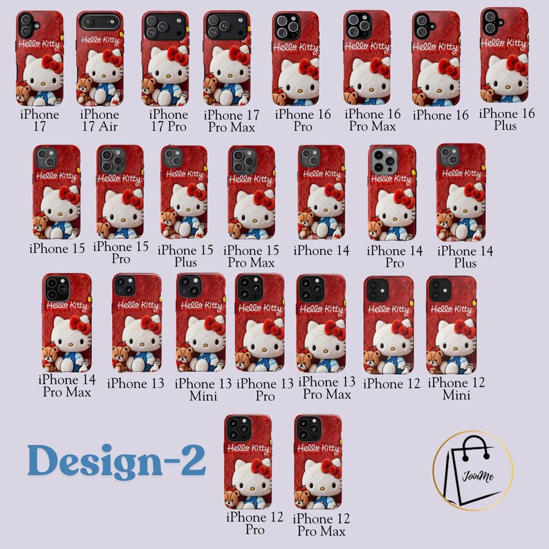 May include: A collection of red iPhone cases featuring a Hello Kitty design with a teddy bear. The cases are for various iPhone models, including iPhone 17, 16, 15, 14, and 13. The text "Design-2" is visible.