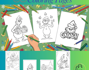 Grinch Book, Character Coloring Pages,Digital Download, grinch Coloring Book for Kids & Adults • Printable Christmas Activity • Instant PDF