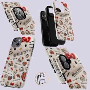 May include: White and beige phone cases featuring a Hello Kitty design with a red bow. The cases have a soft, textured appearance and are adorned with various Hello Kitty illustrations and the text "Hello Kitty Always there with a hug for you."