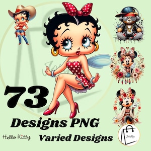 Puede incluir: Un diseño gráfico digital con Betty Boop con un vestido de lunares rojos, una Betty Boop vaquera, un oso de peluche con sombrero y gafas de sol y dos diseños de Minnie Mouse. El texto dice "73 Designs PNG, Hello Kitty, Varied Designs."