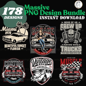 Puede incluir: Un paquete de diseños digitales con ilustraciones de coches clásicos. Incluye diseños con texto como "Miami 1978", "Garage" y "Vintage Race". Los diseños son en varios colores, incluyendo rojo, blanco y negro, con una estética retro.