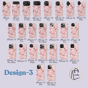 May include: Pink iPhone cases with a repeating pattern of a cartoon cat and bows. The cases are for various iPhone models, including iPhone 17, 16, 15, 14, 13, and 12. The text "Design-3" is visible.
