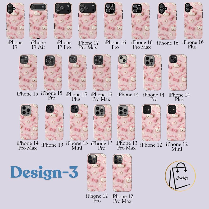 May include: Pink iPhone cases with a repeating pattern of a cartoon cat and bows. The cases are for various iPhone models, including iPhone 17, 16, 15, 14, 13, and 12. The text "Design-3" is visible.