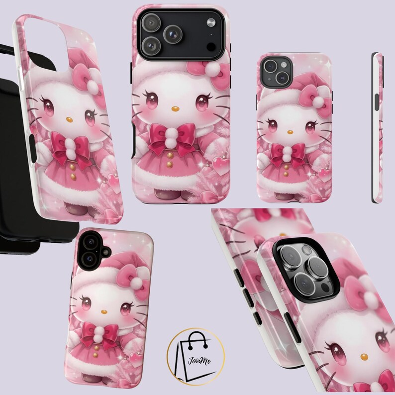 May include: Pink phone cases featuring a cartoon character in a pink dress and hat with a bow. The cases have a white border and a black camera lens cutout. The character is set against a pink floral background.