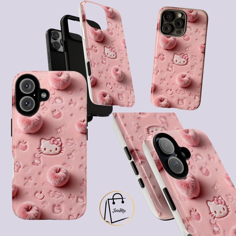 May include: Pink phone cases featuring a Hello Kitty design with embossed details, including hearts and fuzzy pom-poms. The cases are shown from multiple angles, showcasing the design and texture.
